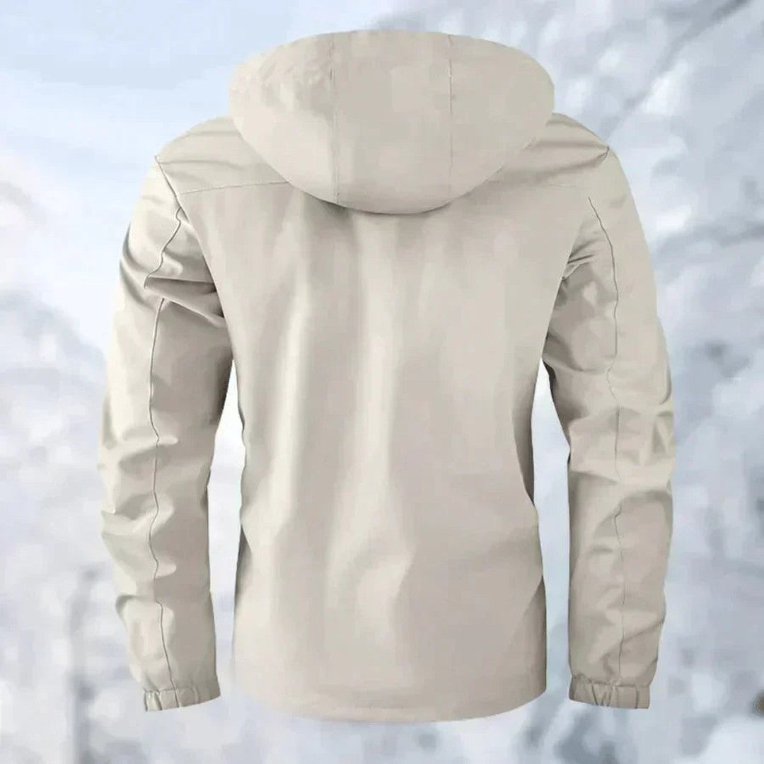 Man wearing the Flynn men's waterproof jacket, detail view