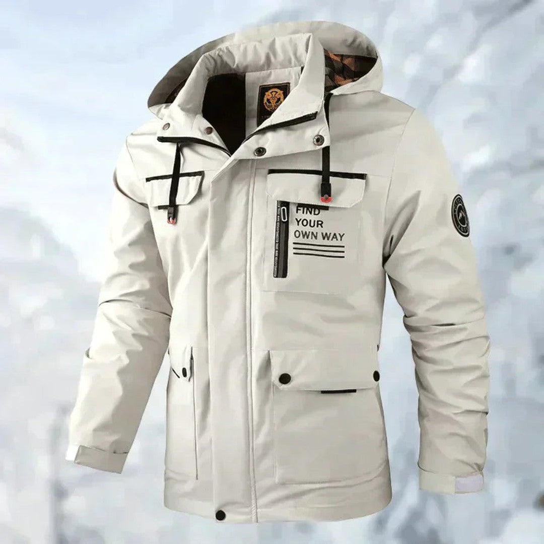 Man wearing the Flynn men's waterproof jacket, side view