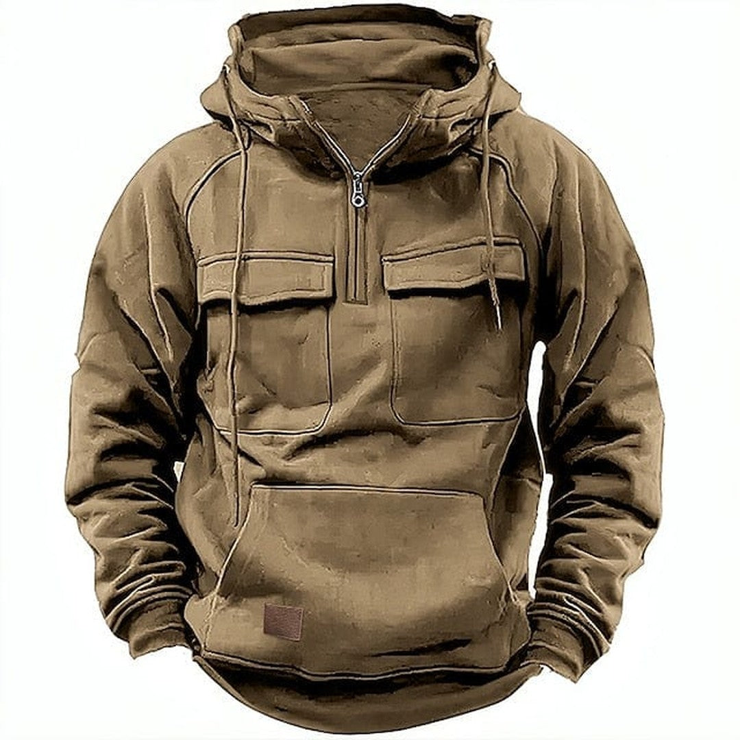 Man wearing the Ford men's hooded sweater, detail view