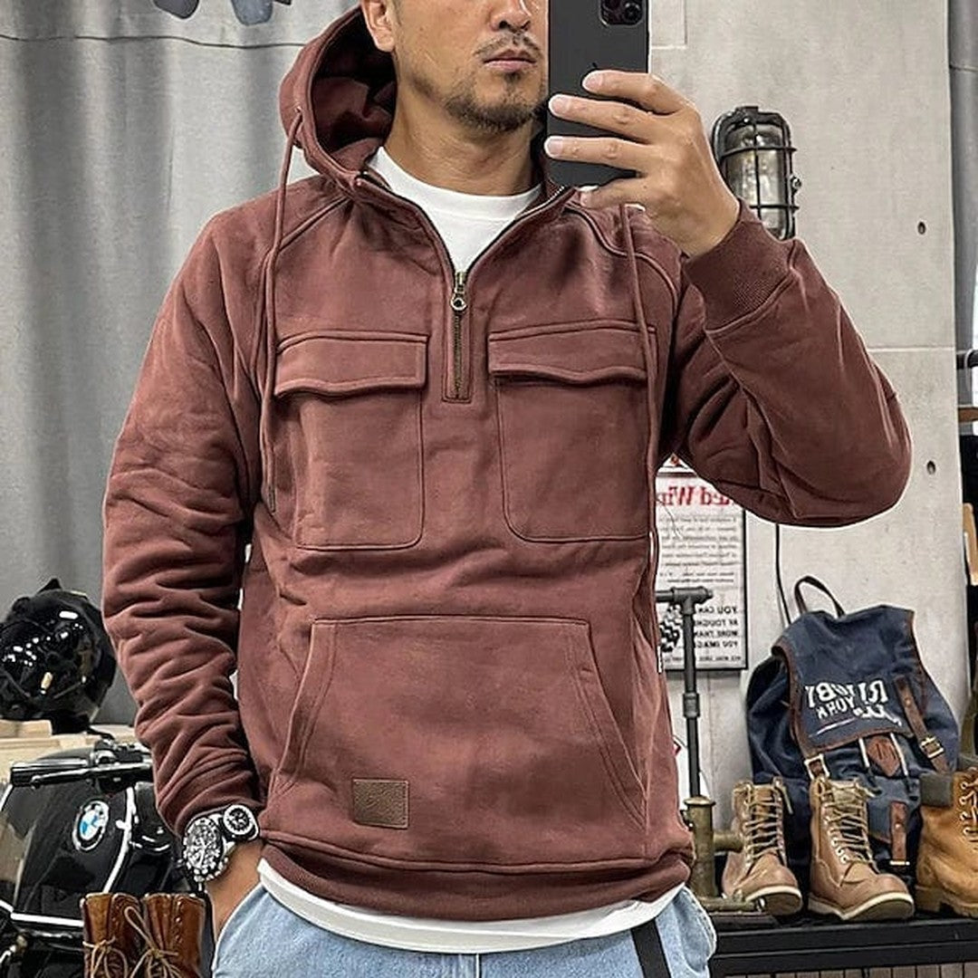 Man wearing the Ford men's hooded sweater, front view