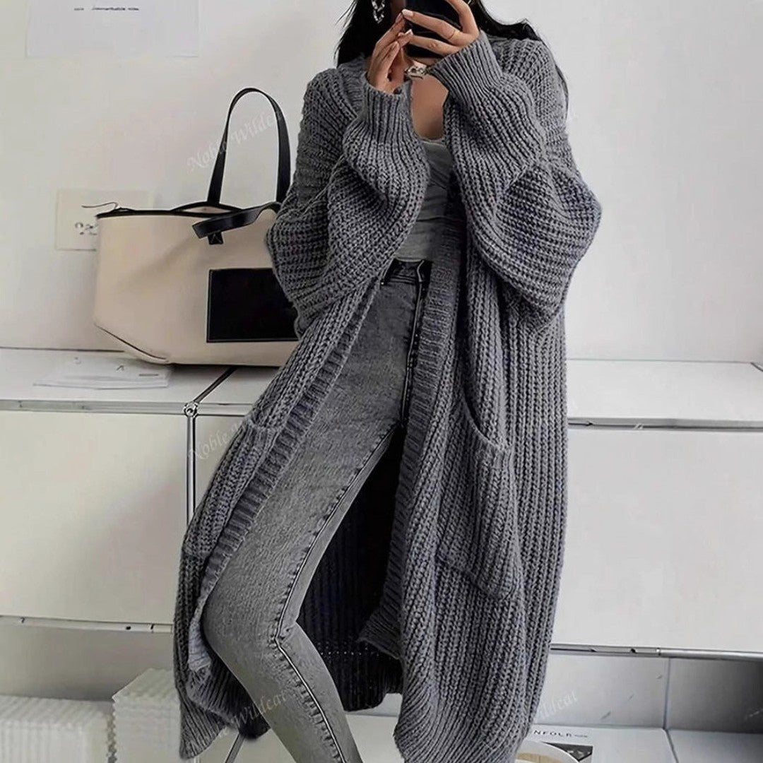 Woman wearing the Francesca women's pocket detail cardigan, flatlay view