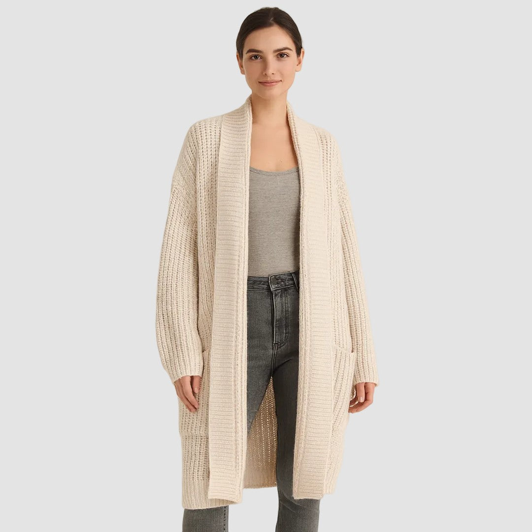 Woman wearing the Francesca women's pocket detail cardigan, front view