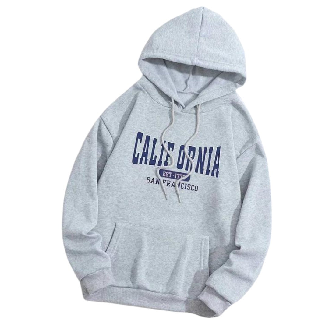 Man wearing the Franco men's hooded sweatshirt, detail view