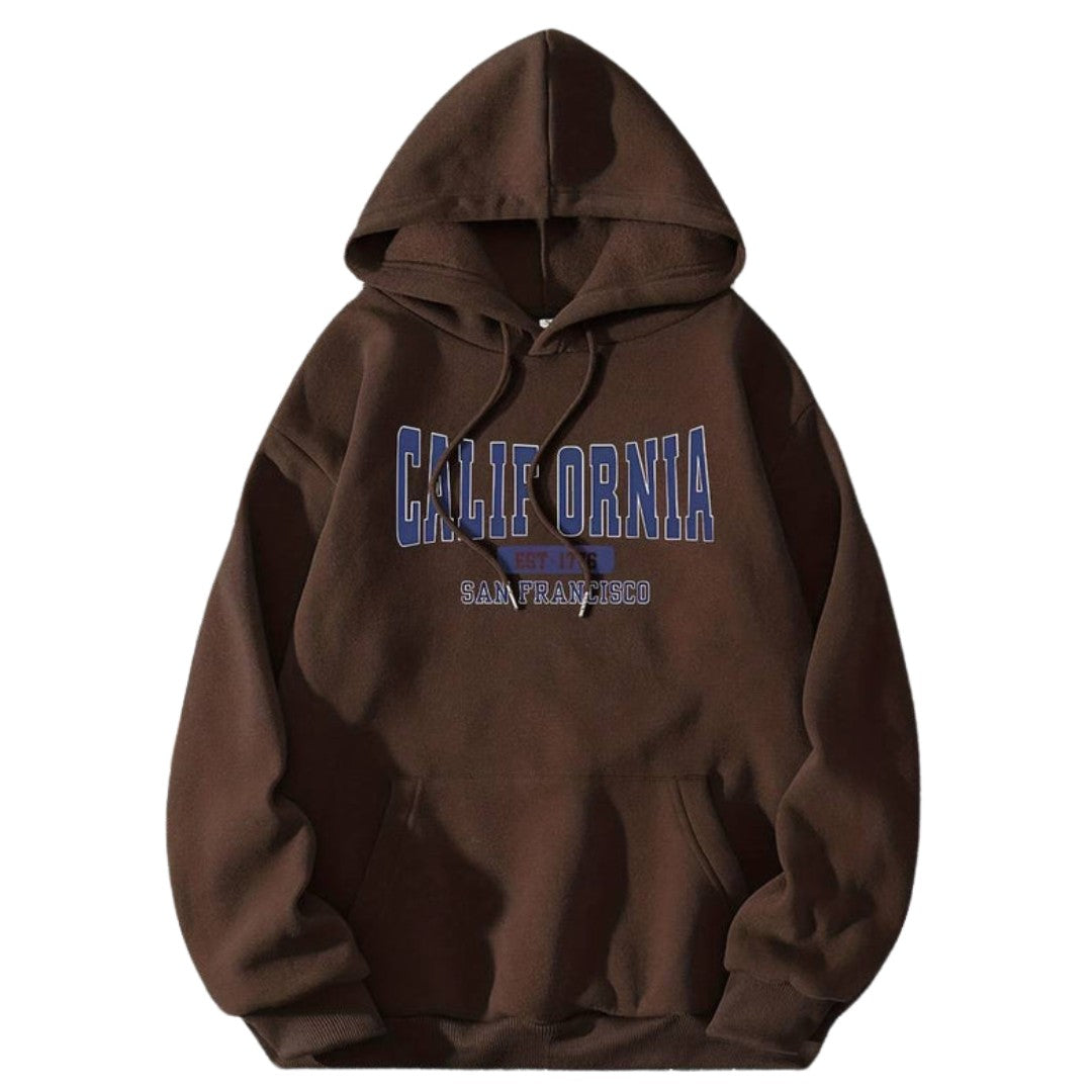 Man wearing the Franco men's hooded sweatshirt, side view