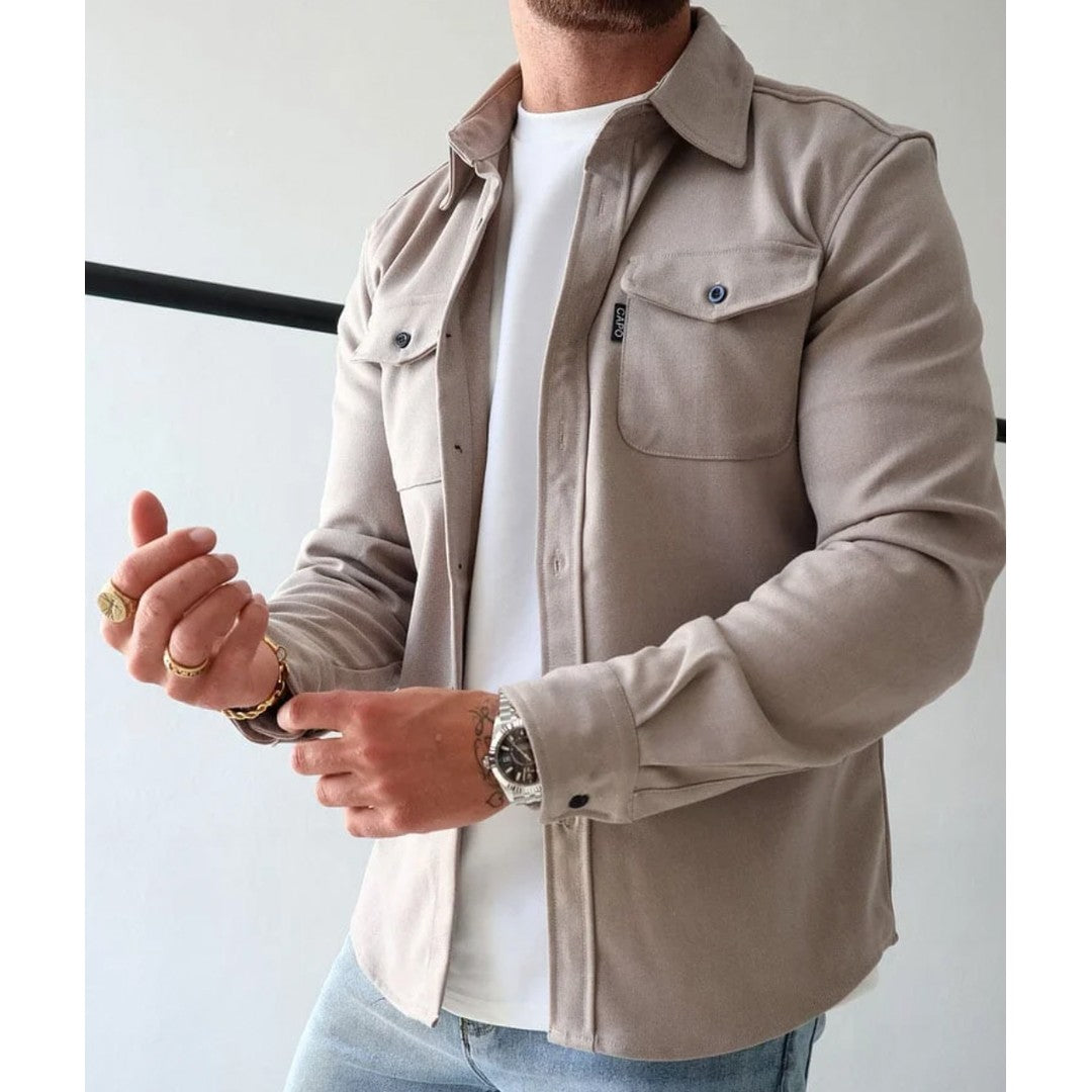 Man wearing the Frederick men's classic pocket detail overshirt, back view