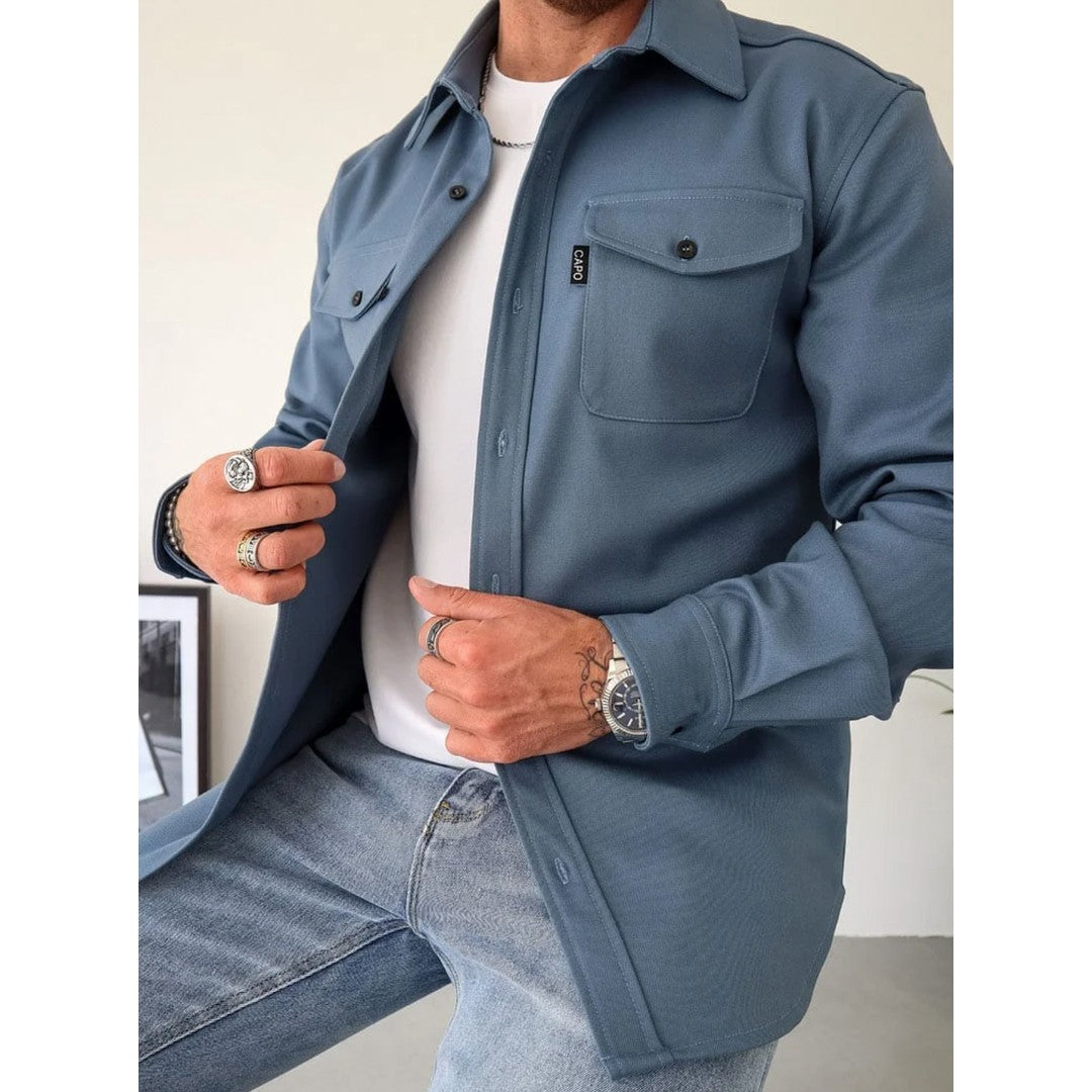 Man wearing the Frederick men's classic pocket detail overshirt, detail view