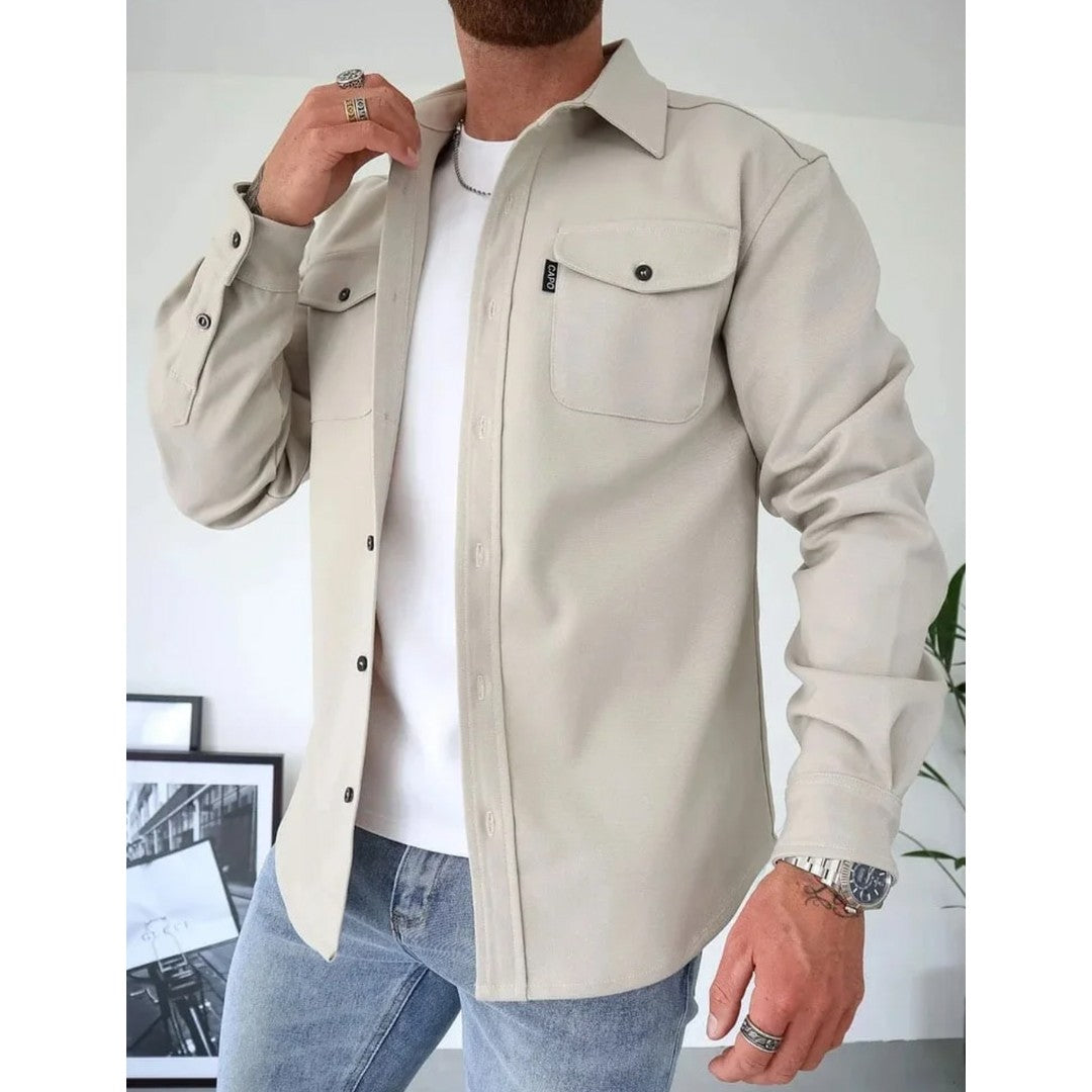 Man wearing the Frederick men's classic pocket detail overshirt, flatlay view