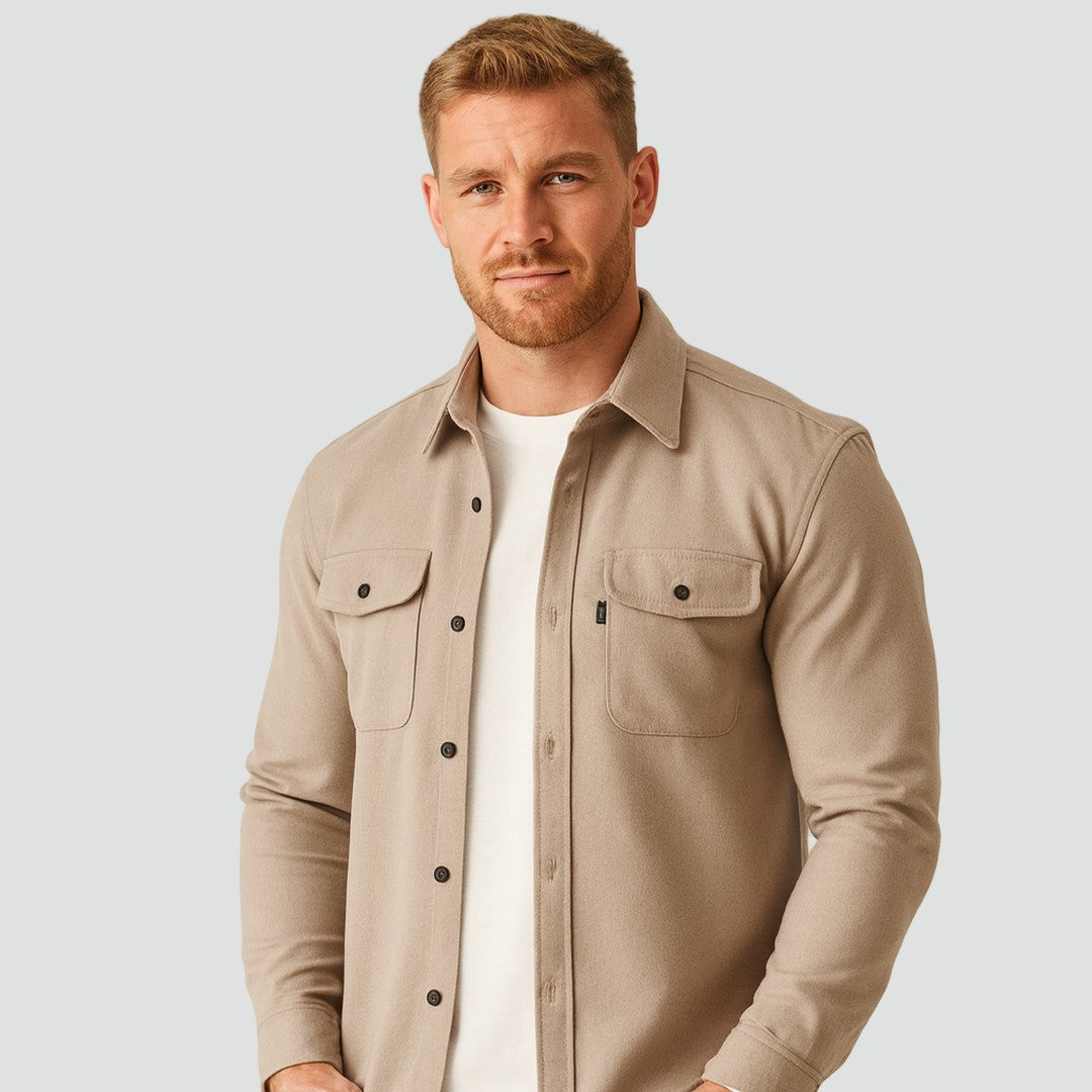 Man wearing the Frederick men's classic pocket detail overshirt, front view