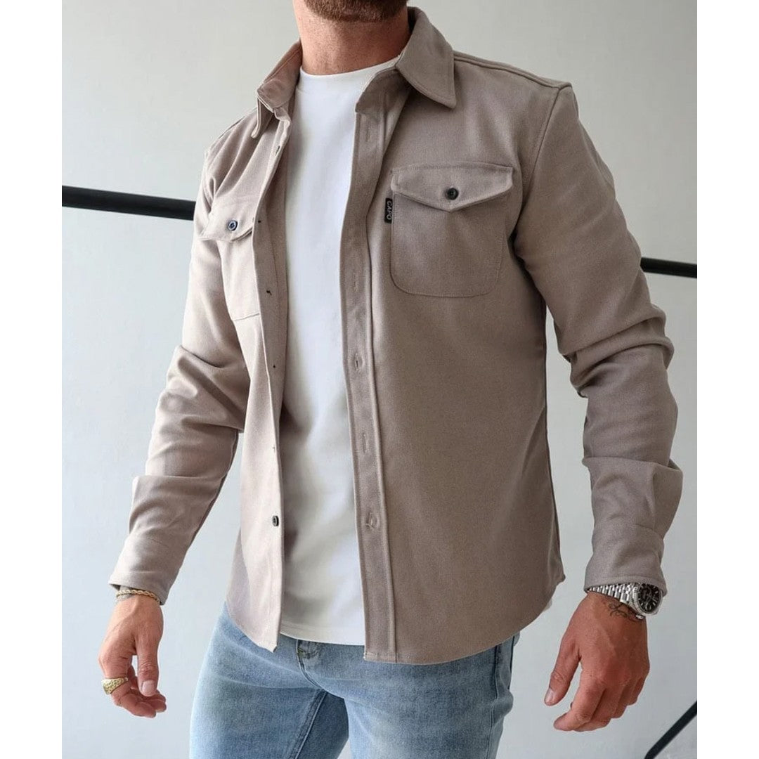 Man wearing the Frederick men's classic pocket detail overshirt, side view