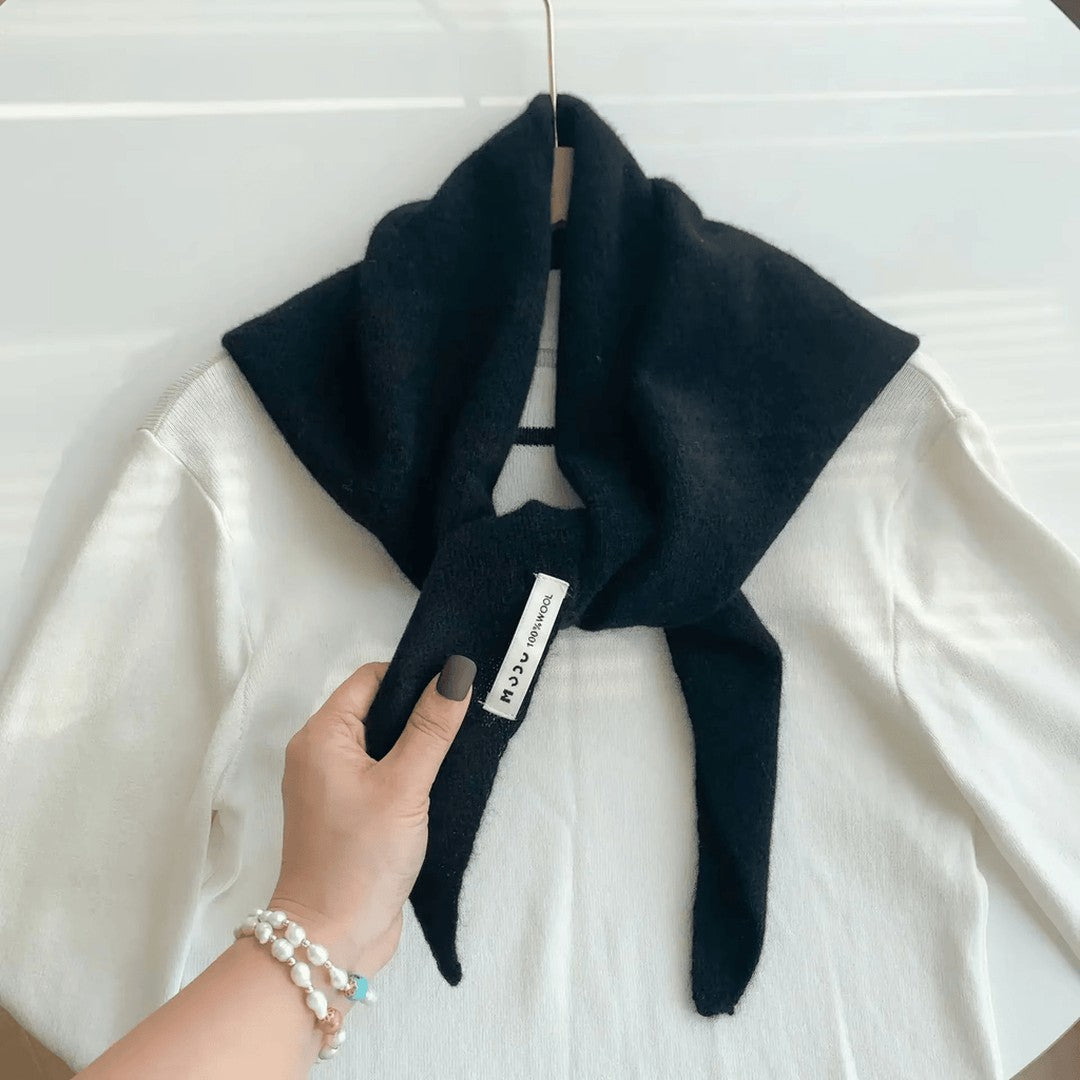 Woman wearing the Gabriela women's wool elegant scarf, front view