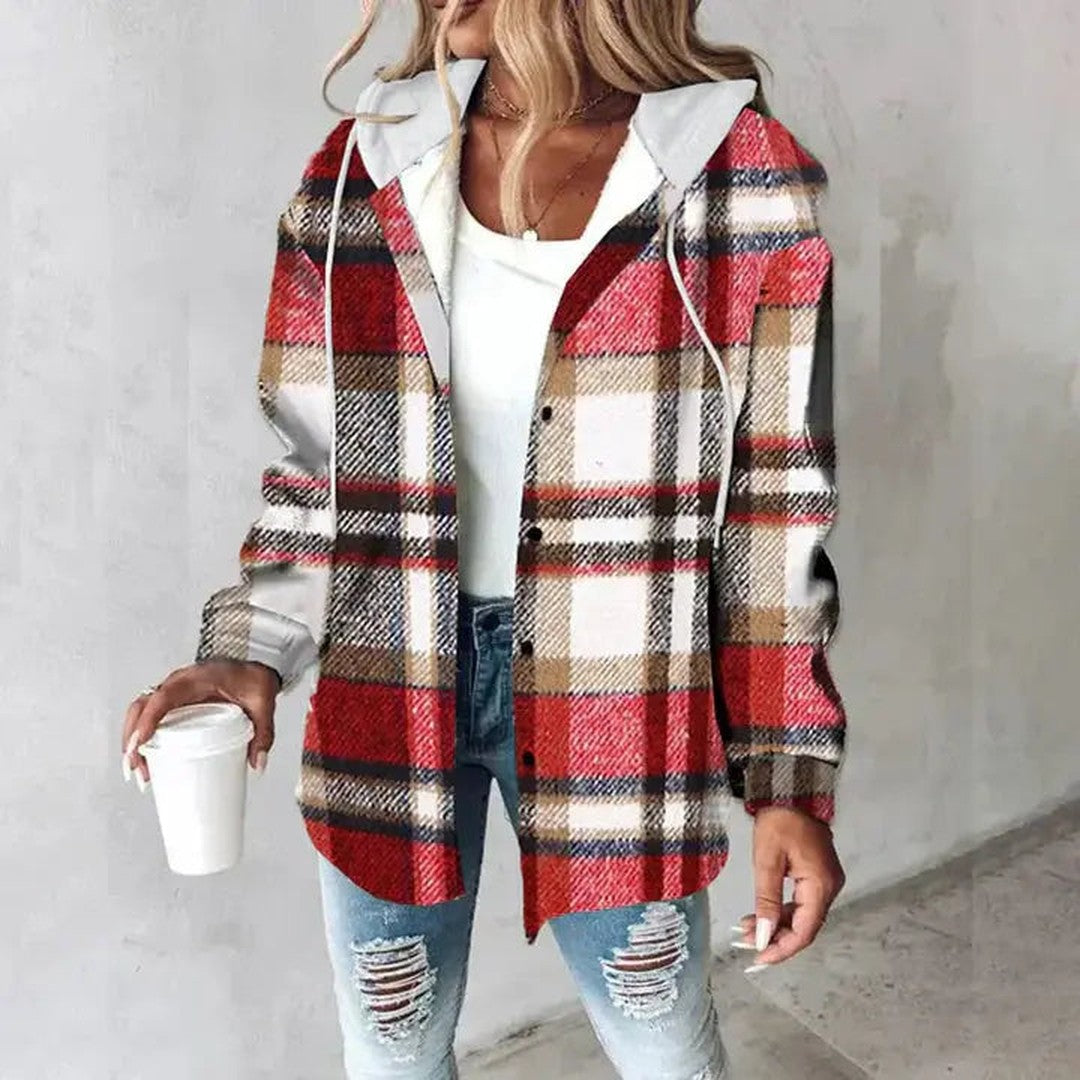 Woman wearing the Gabriella women's hooded plaid jacket, back view