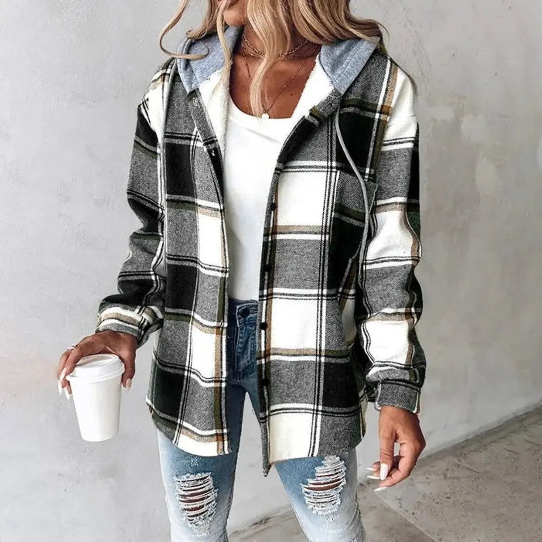 Woman wearing the Gabriella women's hooded plaid jacket, detail view