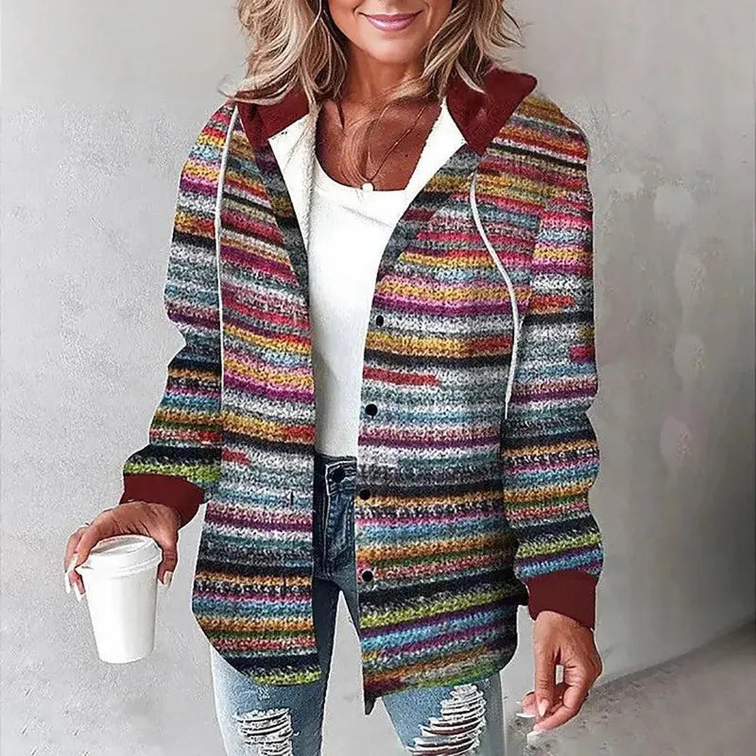 Woman wearing the Gabriella women's hooded plaid jacket, flatlay view