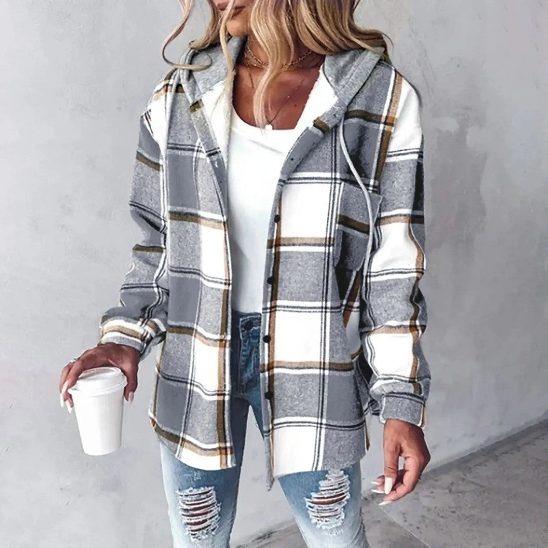Woman wearing the Gabriella women's hooded plaid jacket, front view