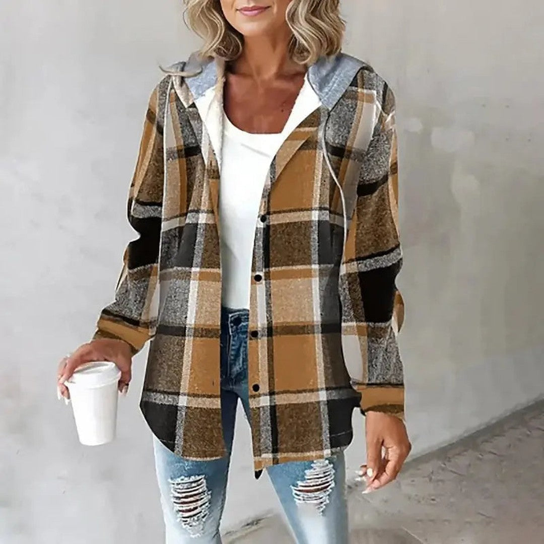 Woman wearing the Gabriella women's hooded plaid jacket, model view