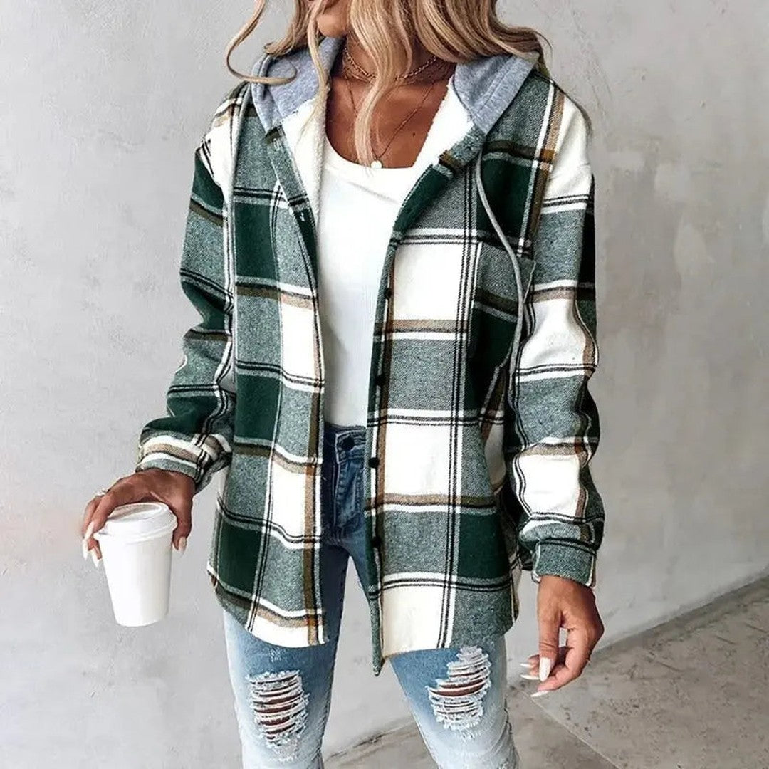 Woman wearing the Gabriella women's hooded plaid jacket, side view