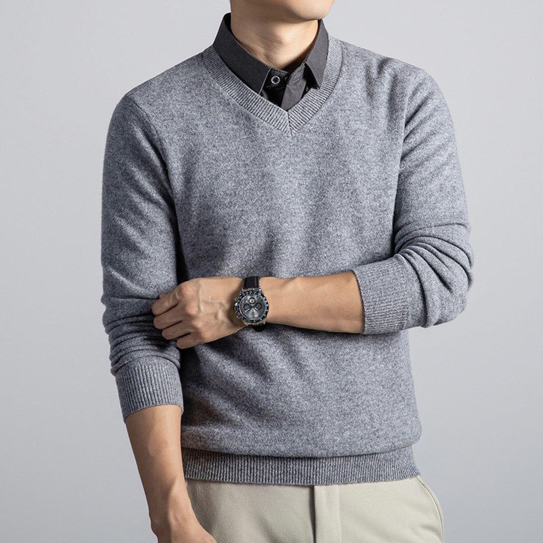 Man wearing the Gael men's v-neck knit long-sleeve sweater, front view