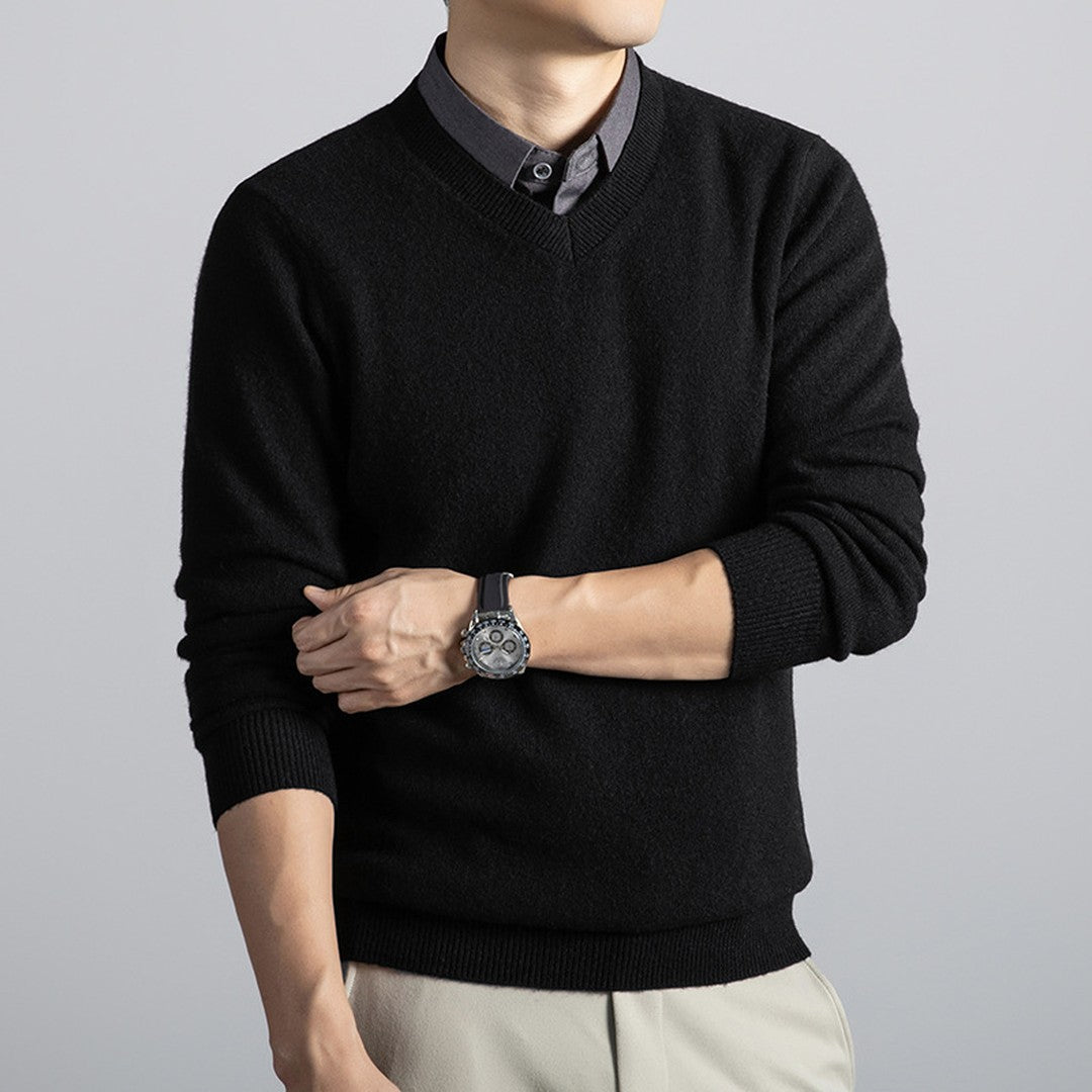 Man wearing the Gael men's v-neck knit long-sleeve sweater, model view