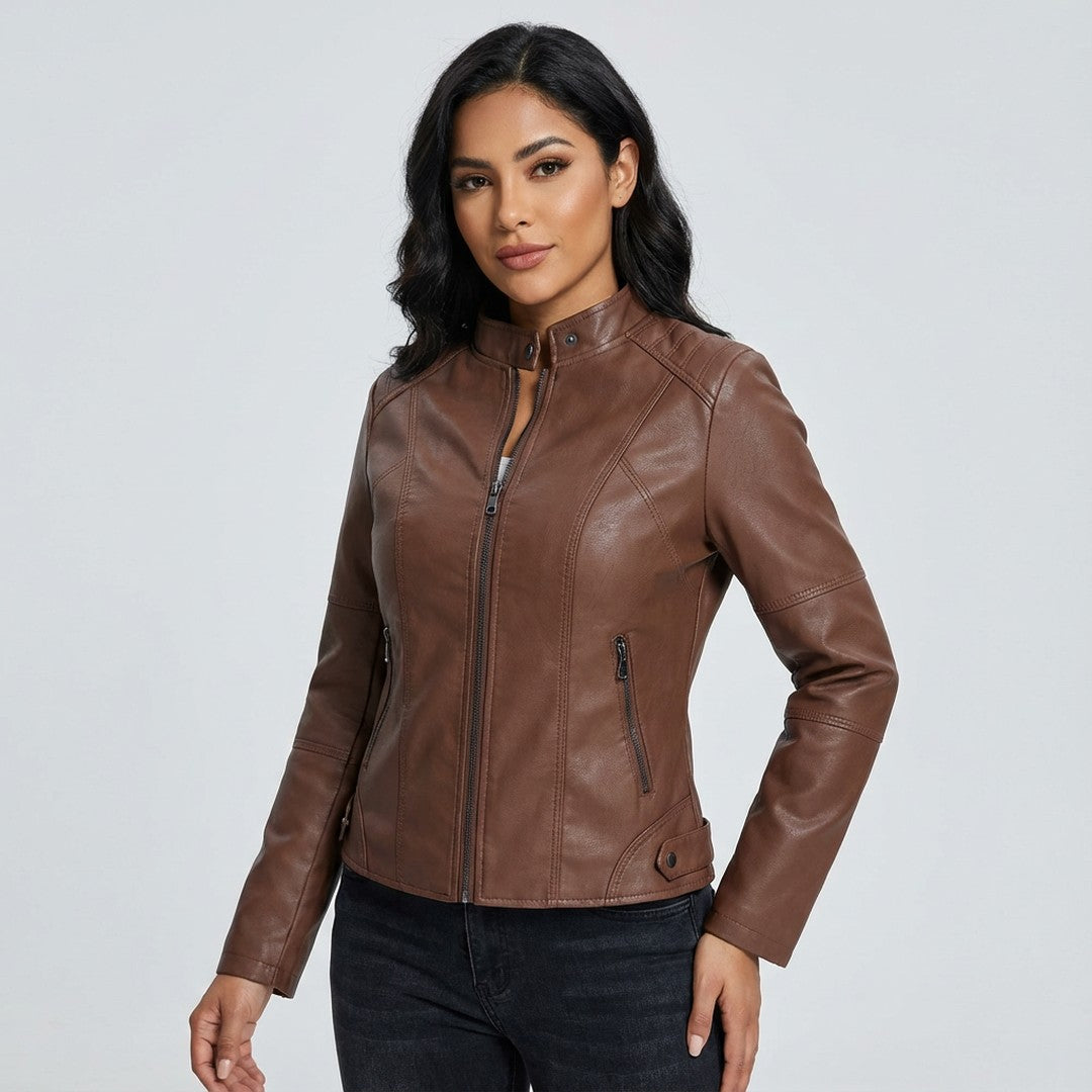 Woman wearing the Gemma women's leather jacket, 7 view
