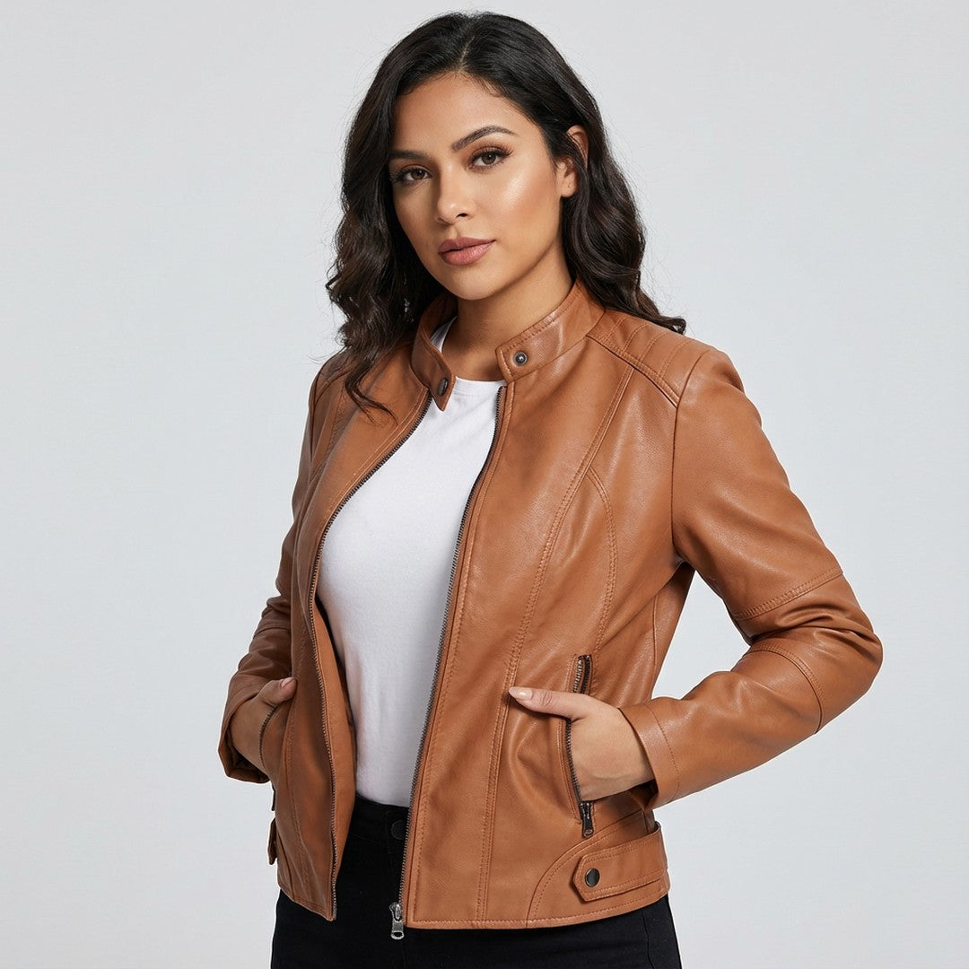 Woman wearing the Gemma women's leather jacket, 8 view