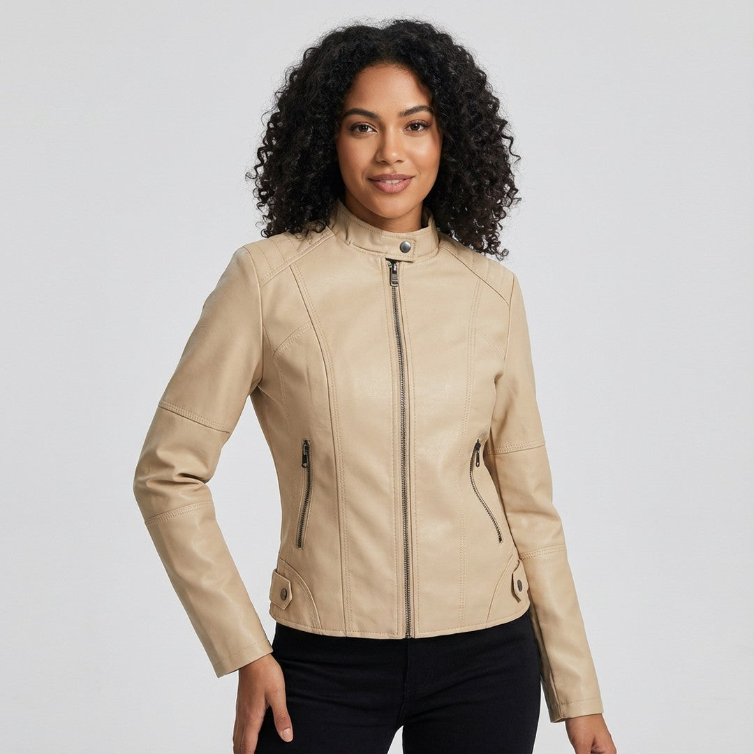 Woman wearing the Gemma women's leather jacket, 9 view