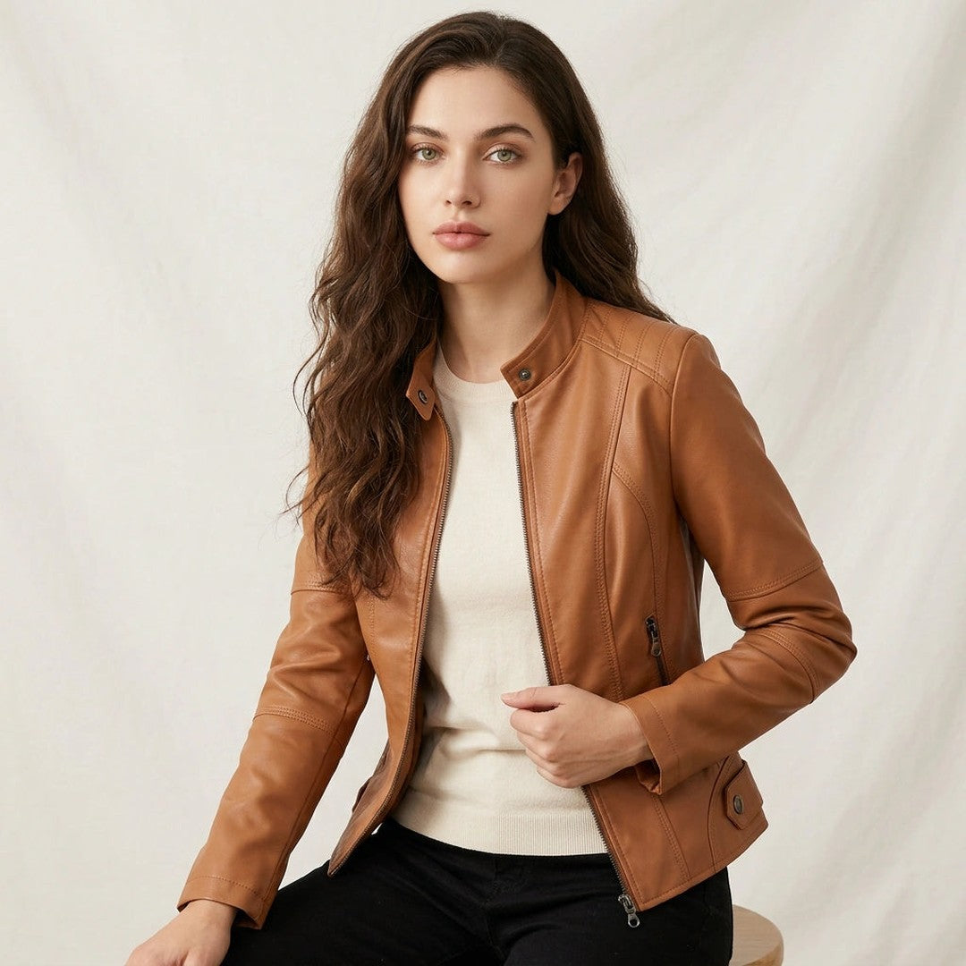 Woman wearing the Gemma women's leather jacket, detail view
