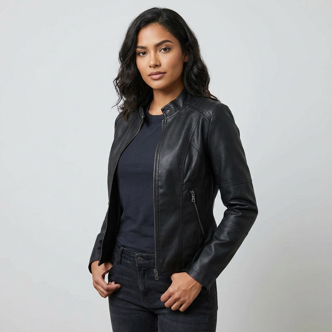 Woman wearing the Gemma women's leather jacket, front view