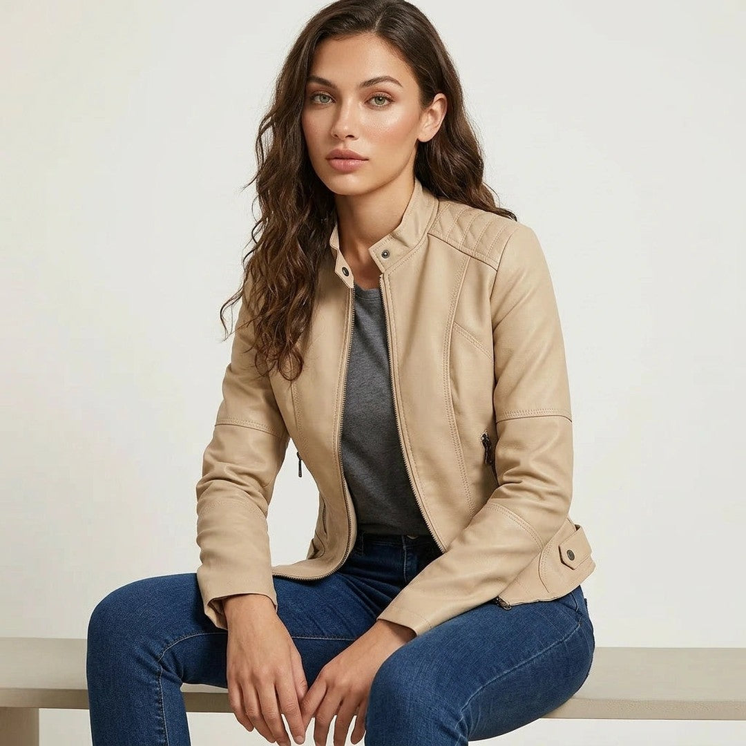 Woman wearing the Gemma women's leather jacket, model view