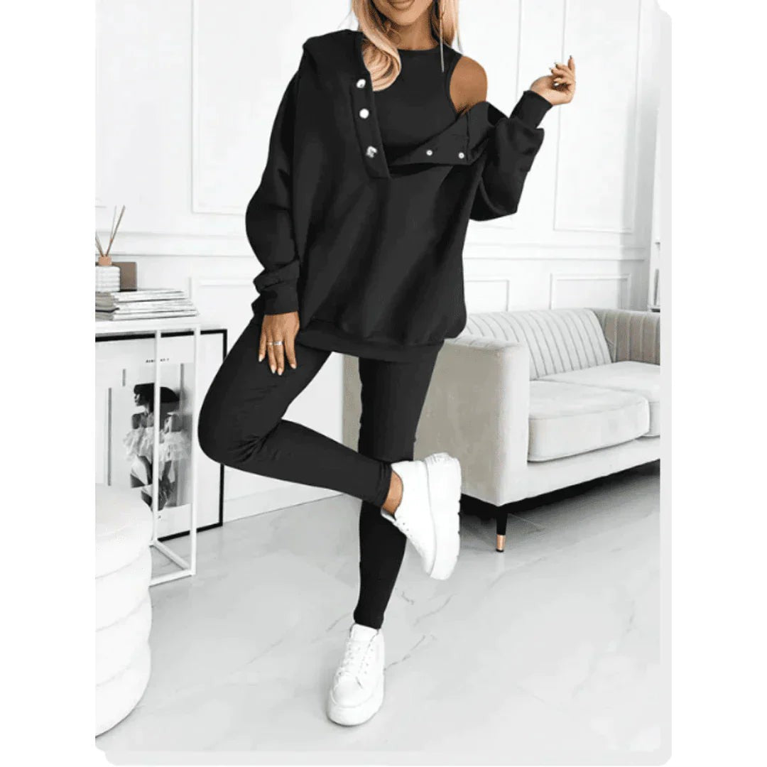 Woman wearing the Genevieve women's jumpsuit, side view