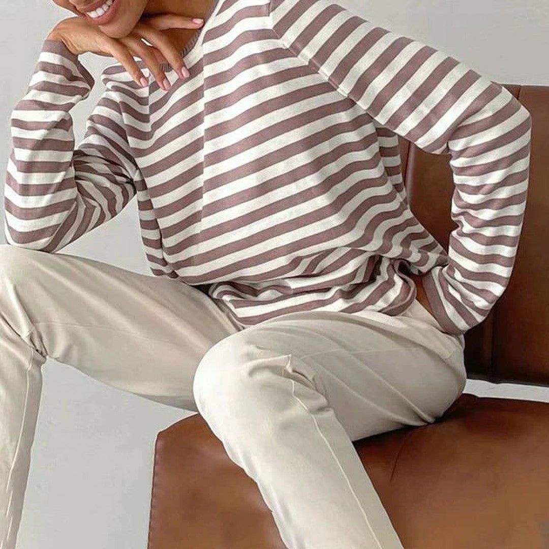 Woman wearing the Georgia women's striped shirt, 7 view