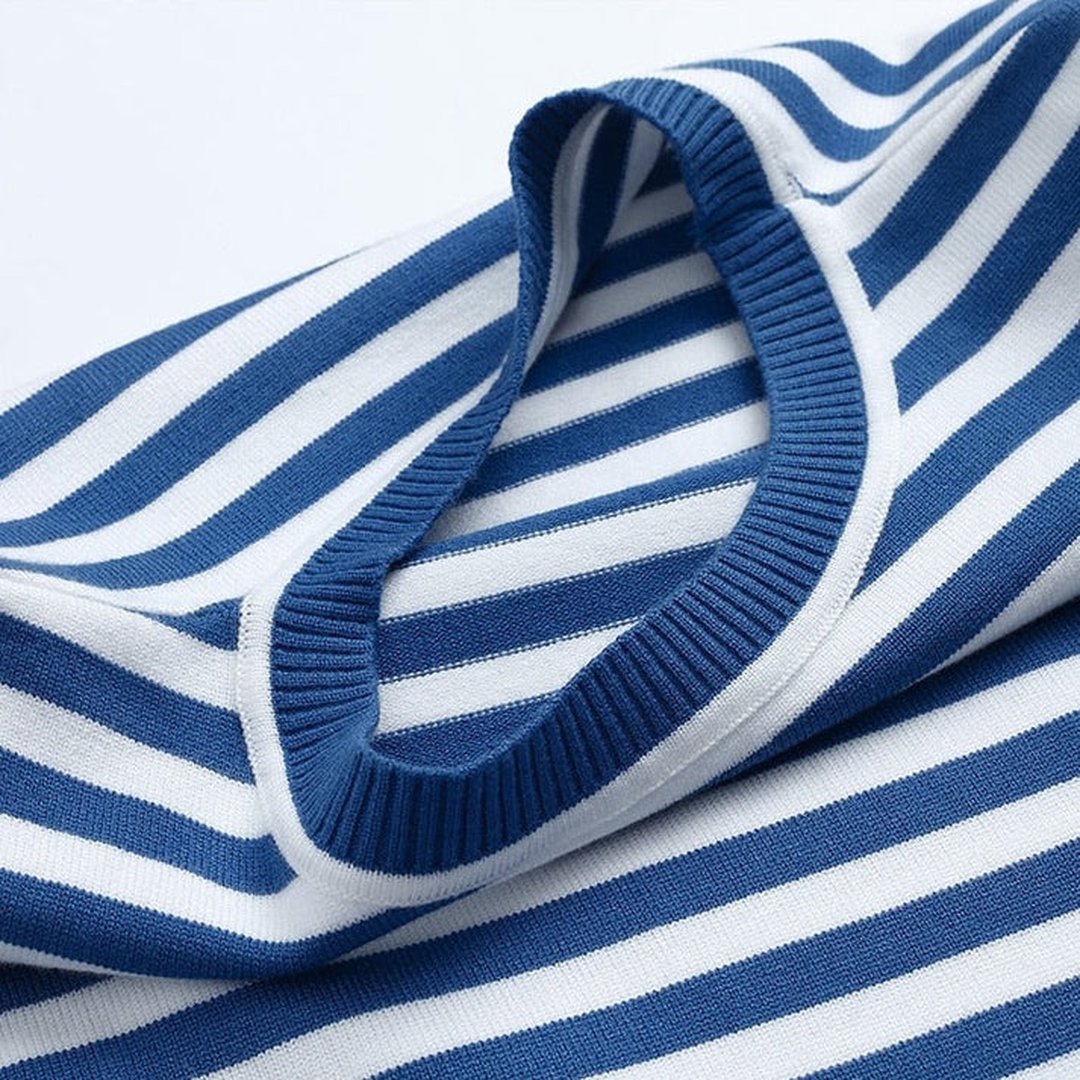 Woman wearing the Georgia women's striped shirt, detail view