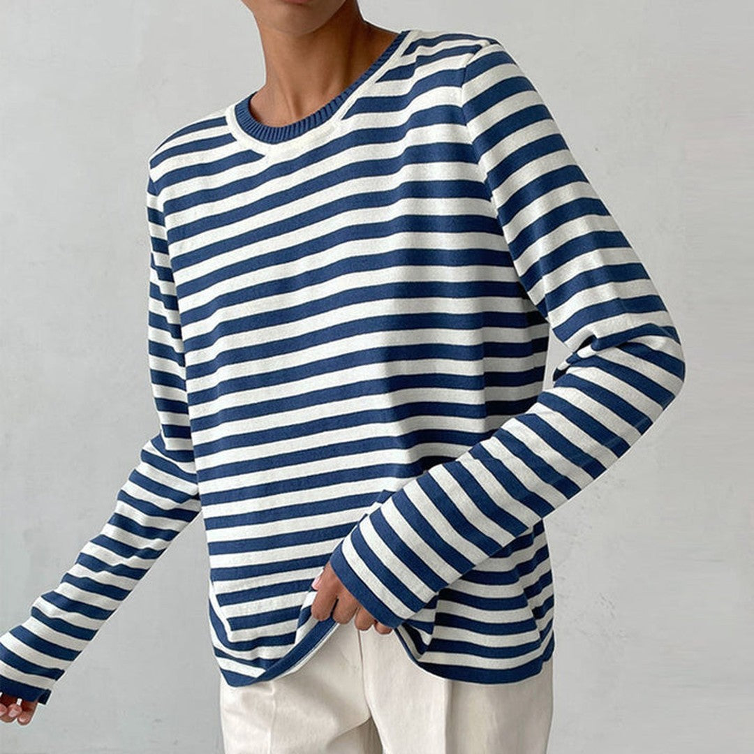 Woman wearing the Georgia women's striped shirt, front view