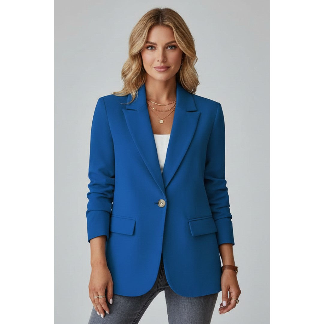 Woman wearing the Georgina women's button-up blazer, 10 view