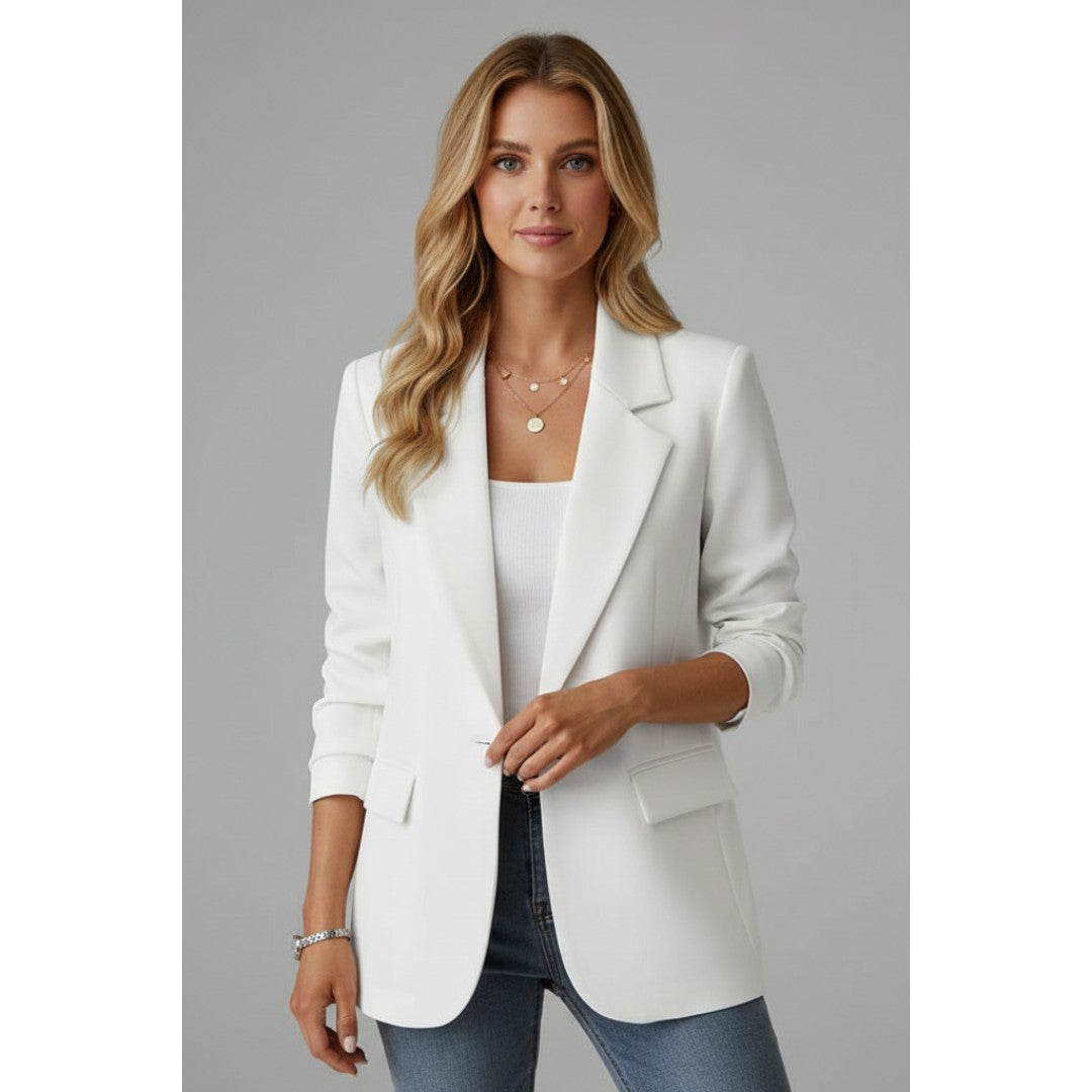 Woman wearing the Georgina women's button-up blazer, 9 view