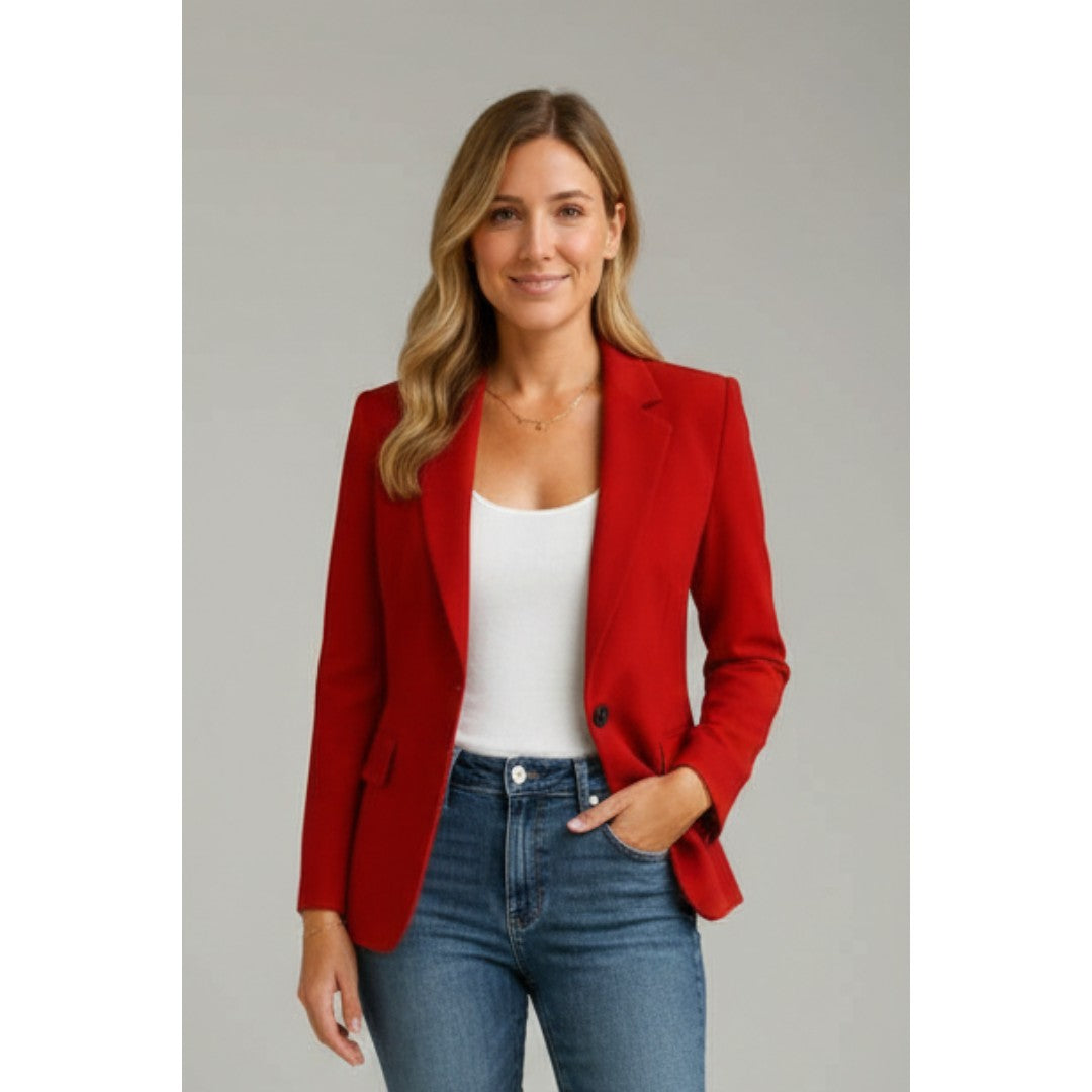 Woman wearing the Georgina women's button-up blazer, back view