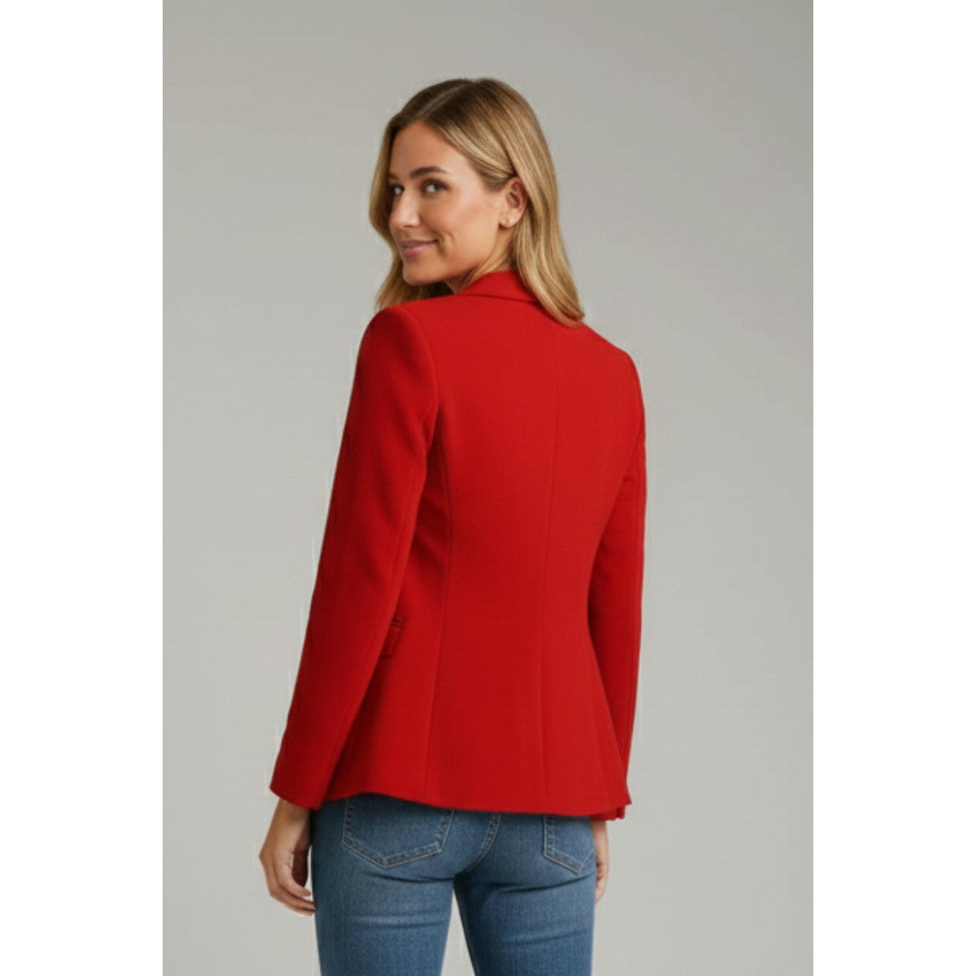 Woman wearing the Georgina women's button-up blazer, detail view