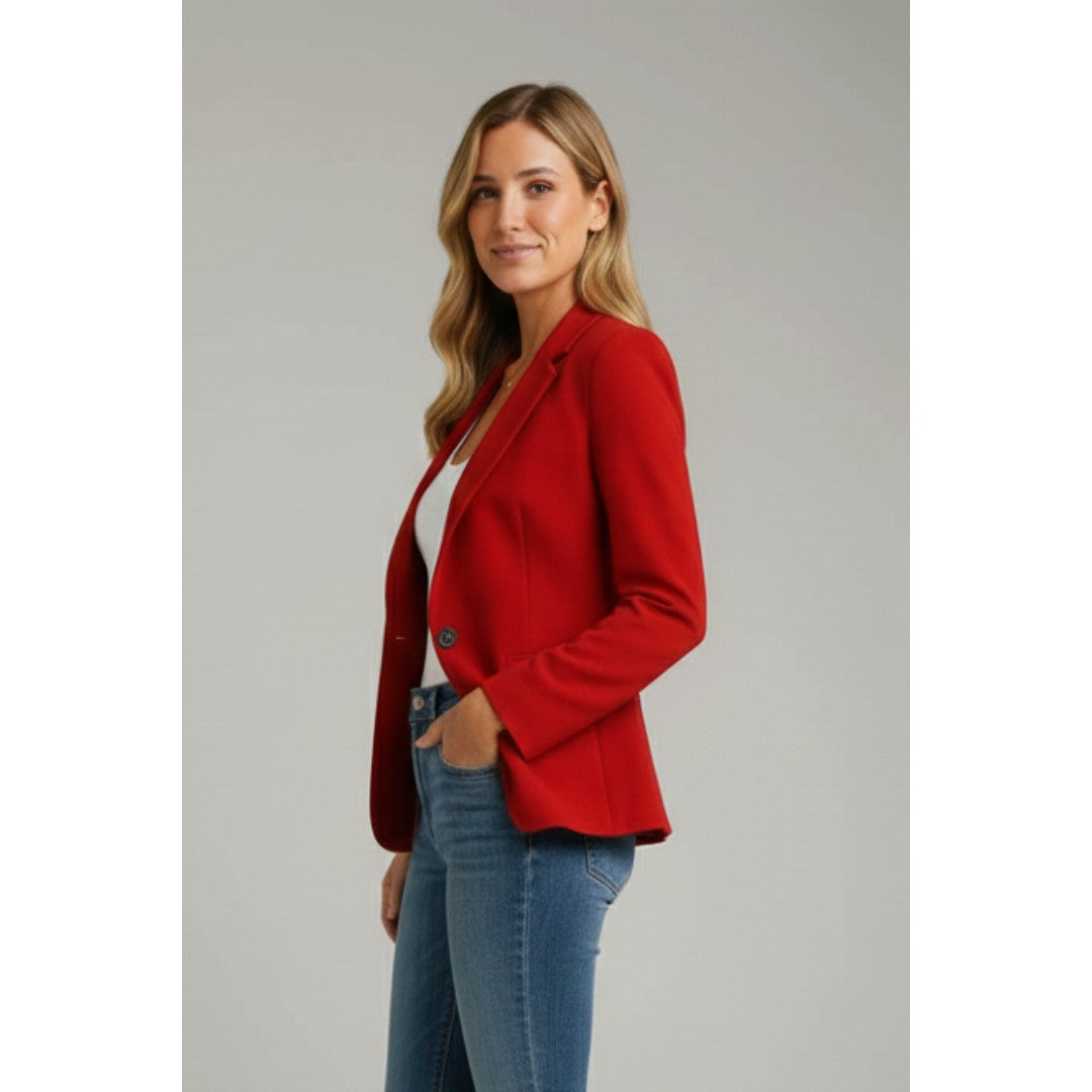 Woman wearing the Georgina women's button-up blazer, side view