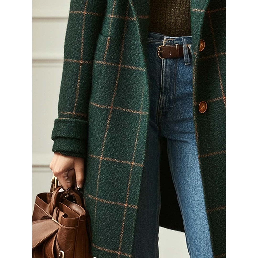 Woman wearing the Gianna women's plaid coat, side view