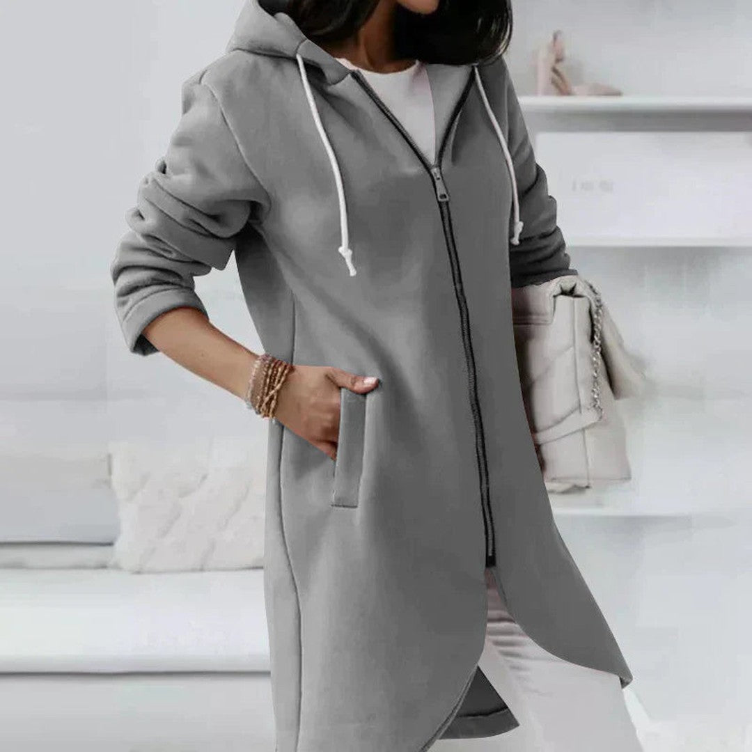 Woman wearing the Giulia women's hooded long-sleeve jacket, back view