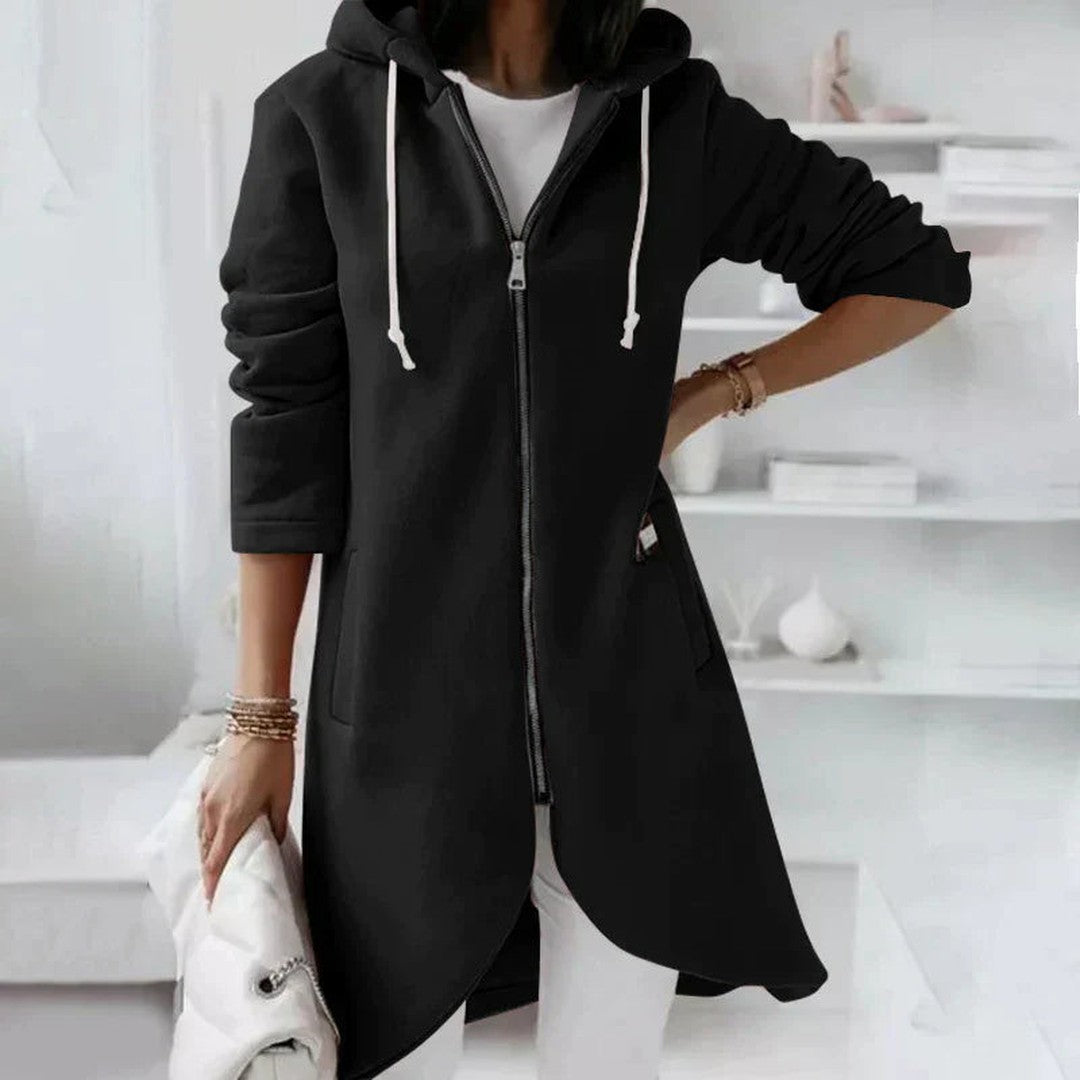 Woman wearing the Giulia women's hooded long-sleeve jacket, detail view