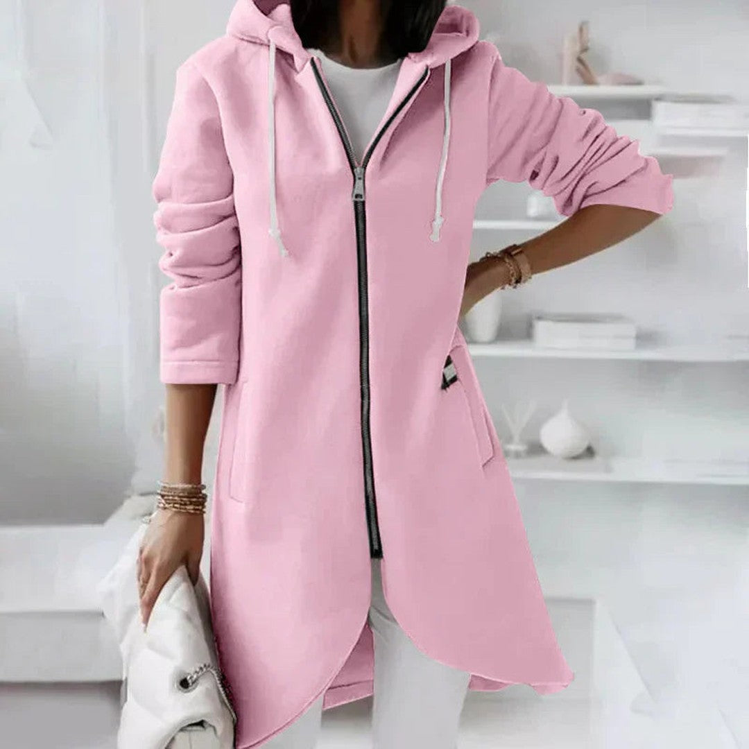 Woman wearing the Giulia women's hooded long-sleeve jacket, front view
