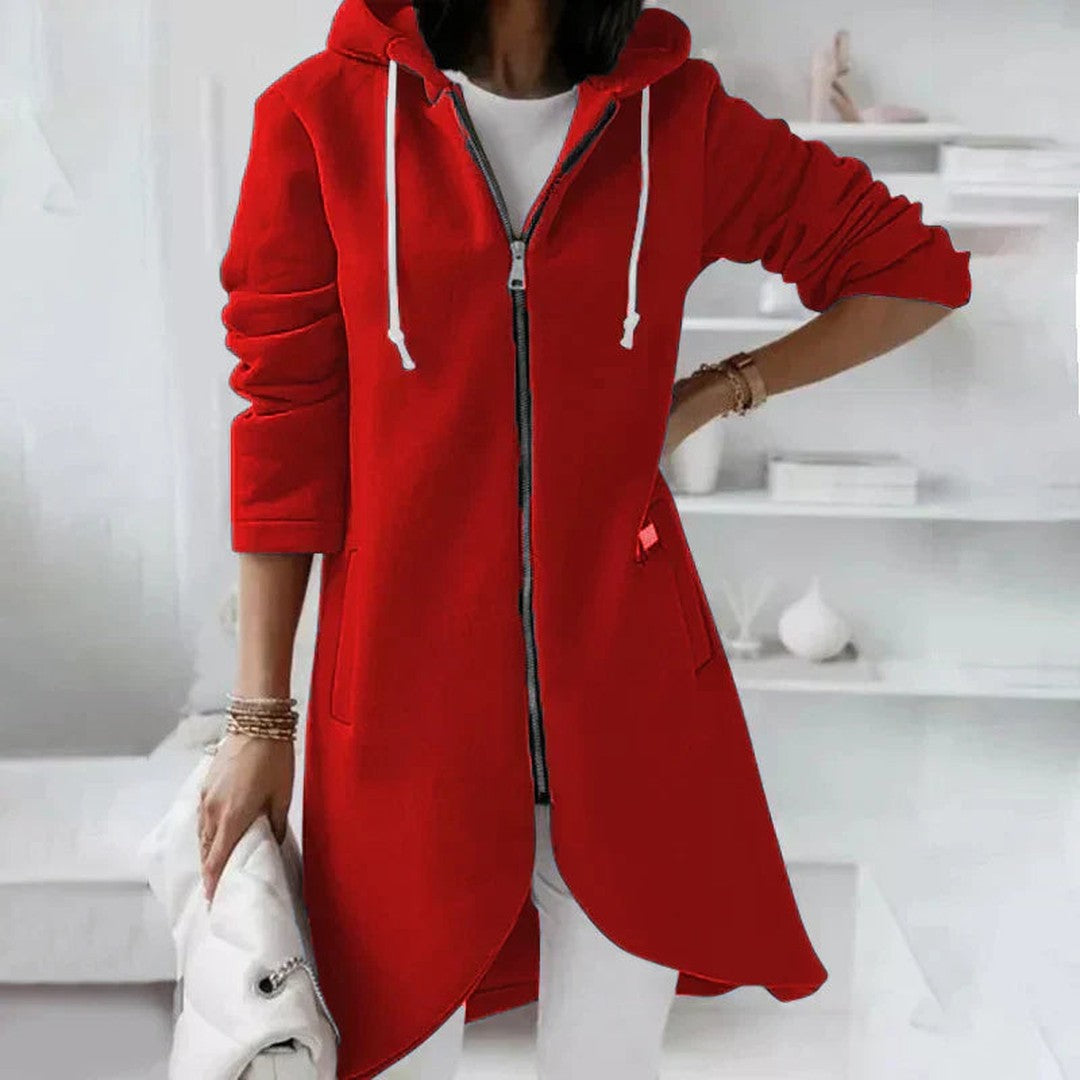 Woman wearing the Giulia women's hooded long-sleeve jacket, model view
