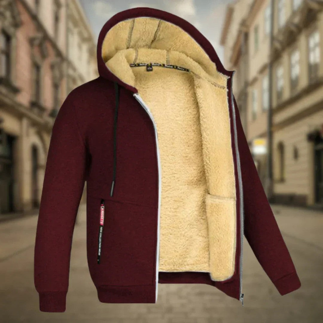 Man wearing the Grady men's fleece hoodie, detail view