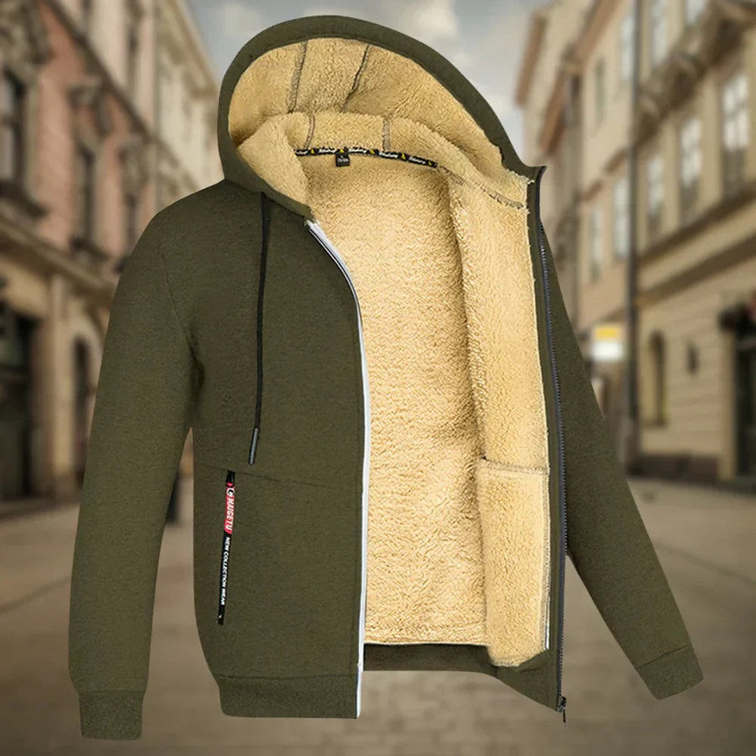 Man wearing the Grady men's fleece hoodie, front view