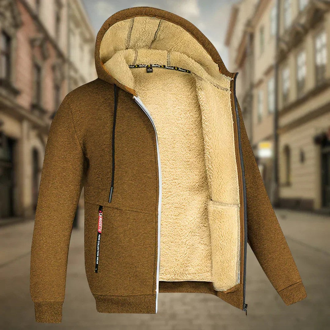 Man wearing the Grady men's fleece hoodie, model view