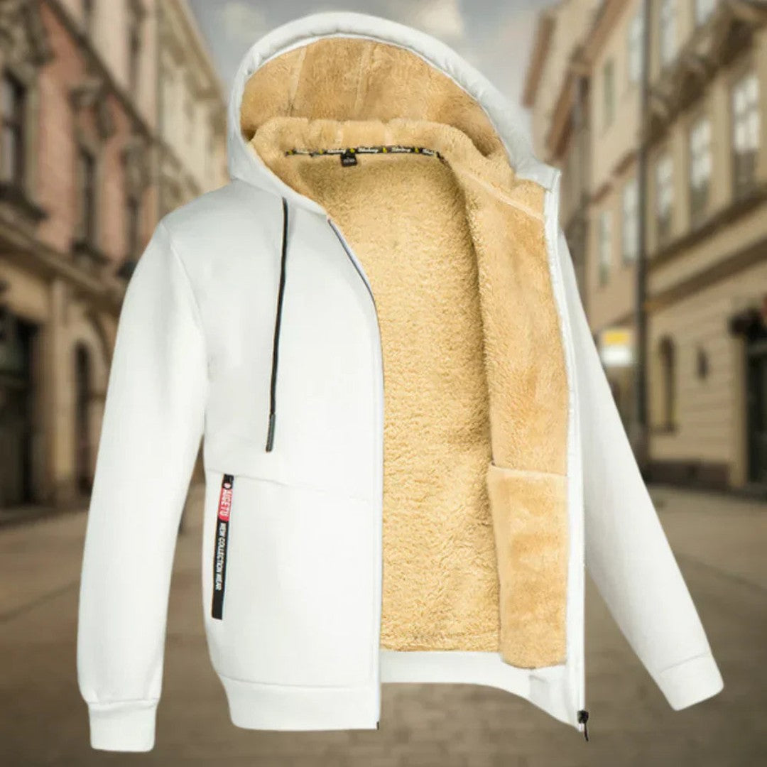 Man wearing the Grady men's fleece hoodie, side view