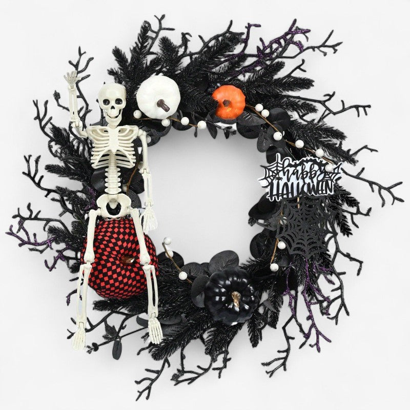 Skeleton and pumpkin Halloween door wreath - product photo 1