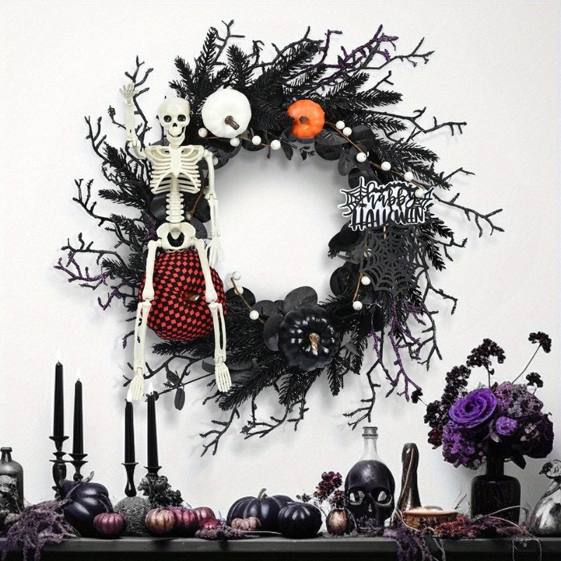 Skeleton and pumpkin Halloween door wreath - product photo 2