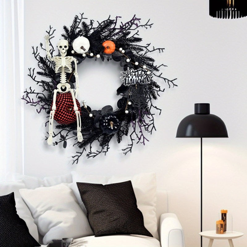 Skeleton and pumpkin Halloween door wreath - product photo 3
