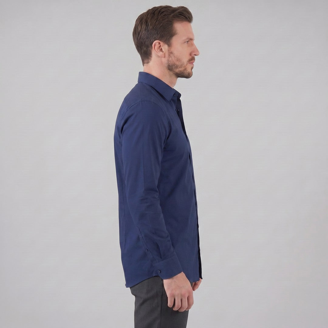 Man wearing the Grayson men's slim-fit polyester long-sleeve shirt, 13 view
